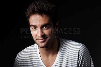 Buy stock photo Portrait, man and designer in studio with smile, career pride and about us for clothing launch. Happy, person and entrepreneur with ambition, positive attitude and apparel tailor on dark background