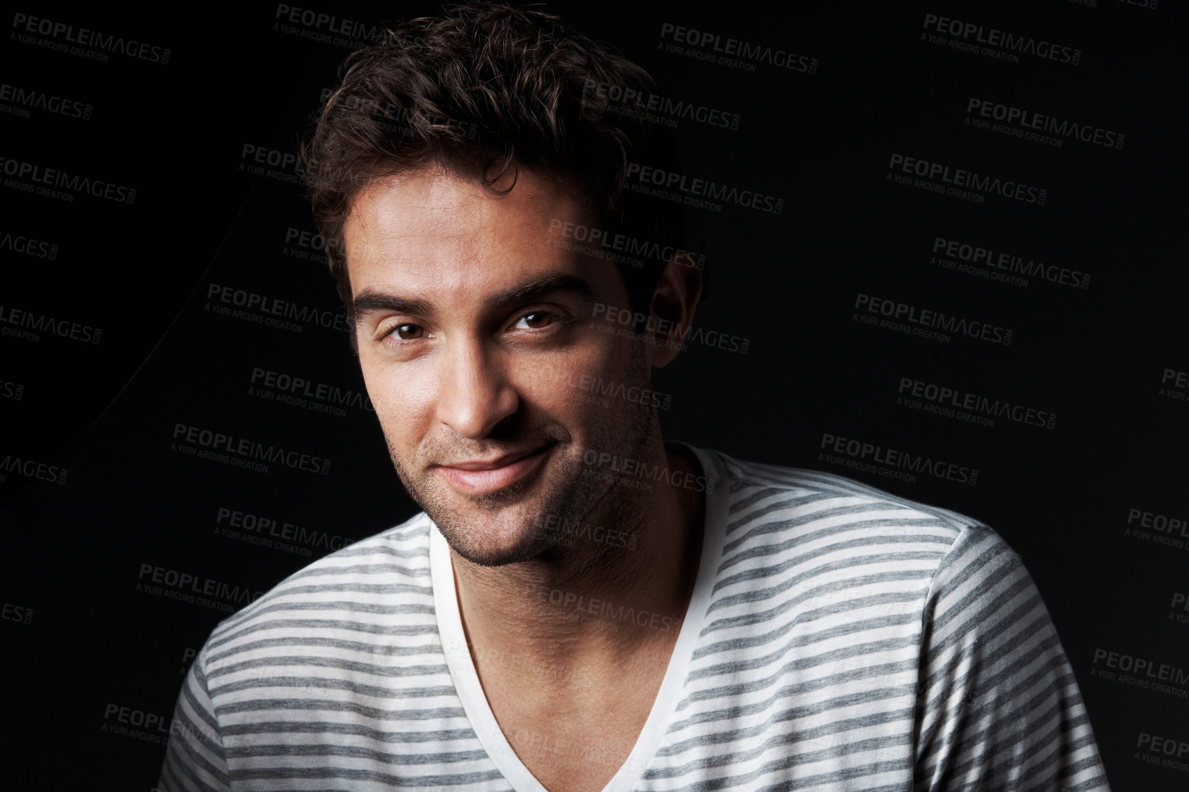 Buy stock photo Portrait, man and designer in studio with smile, career pride and about us for clothing launch. Happy, person and entrepreneur with ambition, positive attitude and apparel tailor on dark background