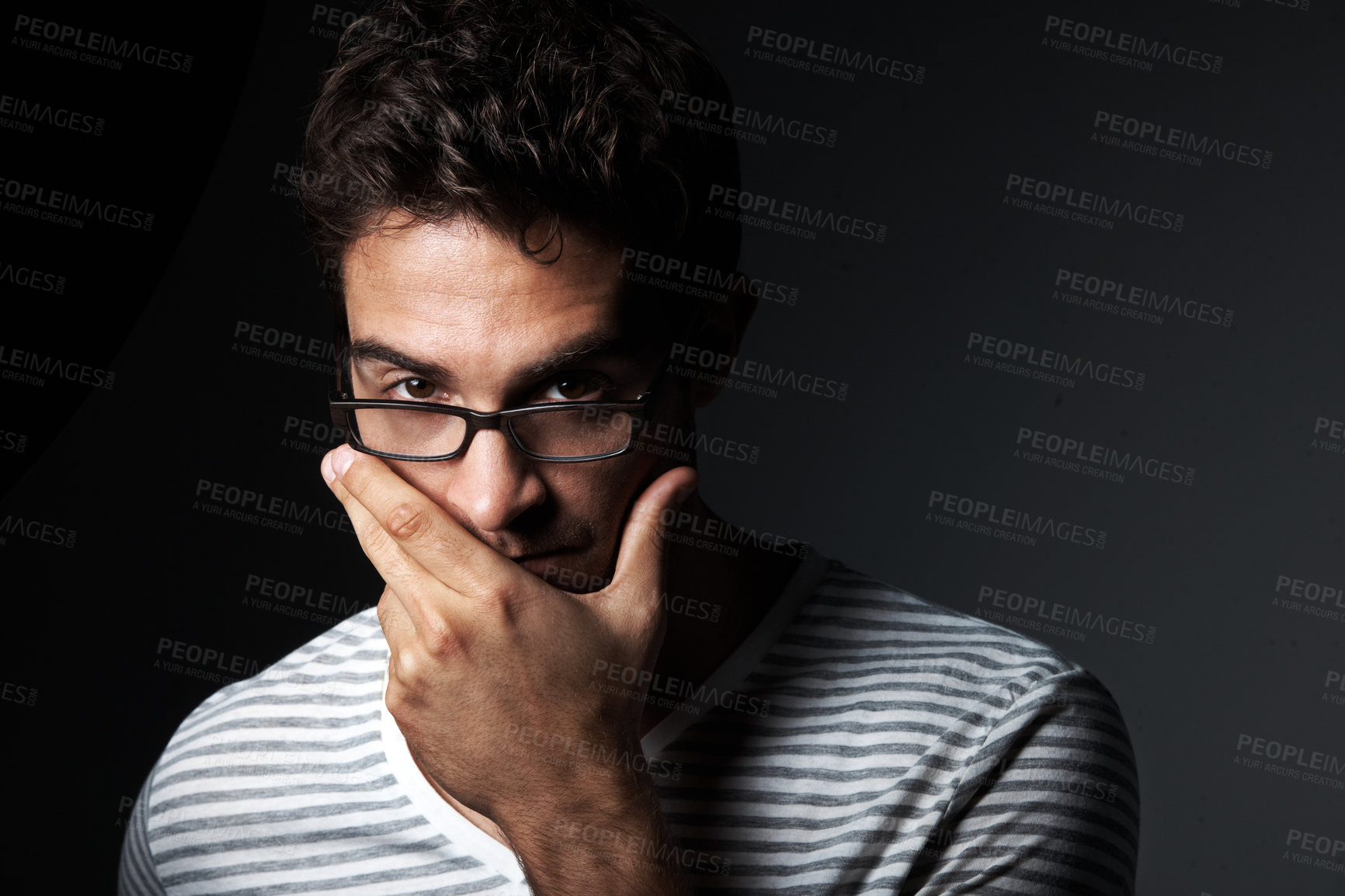 Buy stock photo Glasses, space and portrait of man in studio for vision, eyewear style and aesthetic for fashion. Confident, hipster and person with trendy frames, prescription lens and spectacles on dark background