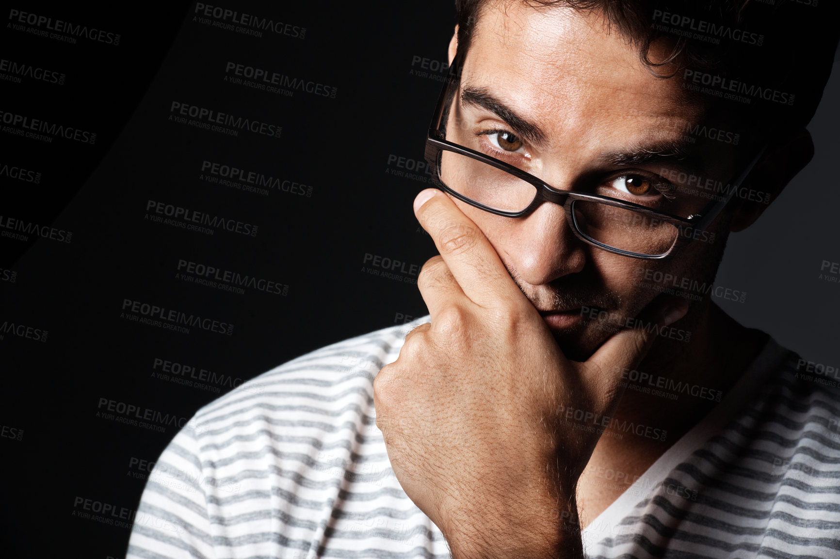 Buy stock photo Glasses, confident and portrait of man in studio for vision, eyewear style and aesthetic for fashion. Hipster, space and person with trendy frames, prescription lens and spectacles on dark background