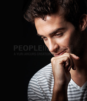Buy stock photo Reflection, space and man on dark background for thoughtful, wondering and idea for brainstorming. Mockup, studio and person with memory, thinking and choice for planning, solution or problem solving