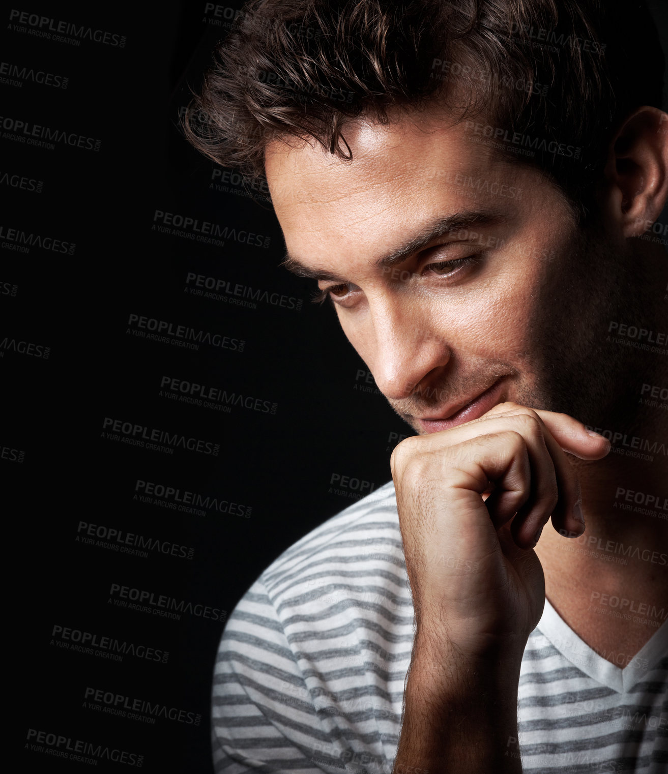 Buy stock photo Reflection, space and man on dark background for thoughtful, wondering and idea for brainstorming. Mockup, studio and person with memory, thinking and choice for planning, solution or problem solving