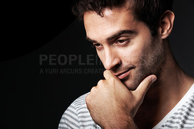 Buy stock photo Thinking, space and man on dark background for thoughtful, wondering and idea for brainstorming. Mockup, studio and person with reflection, memory and ponder for planning, solution or problem solving