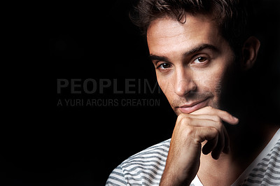 Buy stock photo Thinking, portrait and man with pride in studio, black background and ambitious for creative career. Confident, writer and person with ideas, space and positive attitude for decision and opportunity