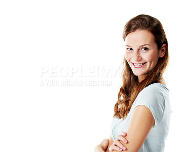 Buy stock photo Portrait, woman and smile in studio with arms crossed, positive attitude and optimistic for wellness. Happy, person and good mood with satisfaction, confidence and mockup space on white background.