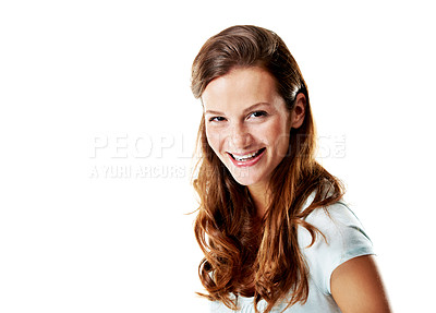 Buy stock photo Happy woman, portrait and hair with beauty space, wellness and sleek texture with hairstyle. Person, shampoo or conditioner glow with long locks, redhead and haircare smile on white studio background