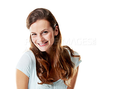 Buy stock photo Happy woman, portrait or hair with shine for beauty, wellness and sleek texture with hairstyle. Person, shampoo or conditioner glow with long locks, redhead and haircare on white studio background