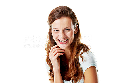 Buy stock photo Portrait, woman and laugh in studio with funny thought, positive attitude and optimistic for wellness. Happy, female person and good mood with humor, remember joke or mockup space on white background
