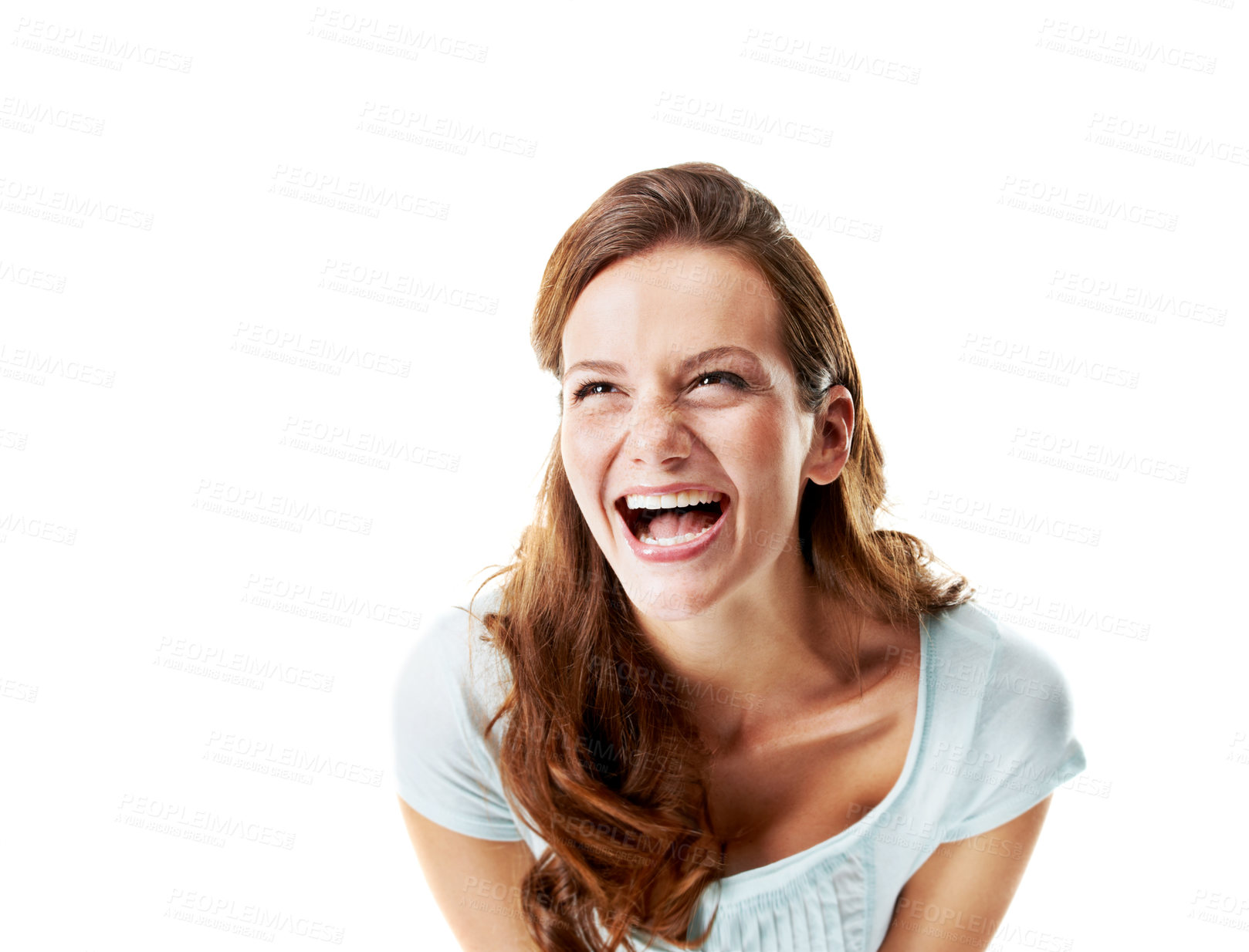 Buy stock photo Woman, laugh and thinking in studio with funny memory, positive attitude and optimistic for wellness. Happy, female person and remember joke for humor, stress relief and space on white background.