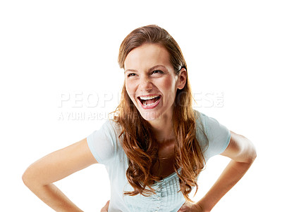 Buy stock photo Woman, laugh and thinking in studio with good mood, positive attitude and vision for funny memories. Happy, female person and remember joke for humor, stress relief and wellness on white background.