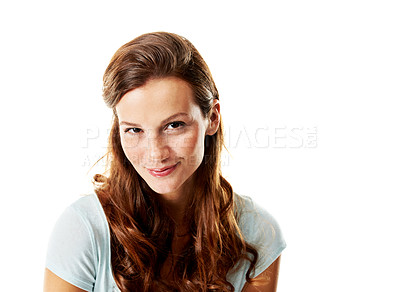 Buy stock photo Woman, portrait and hair shine with smile, wellness and sleek texture with hairstyle on white background. Female person, shampoo or conditioner glow with long locks, redhead and haircare in studio