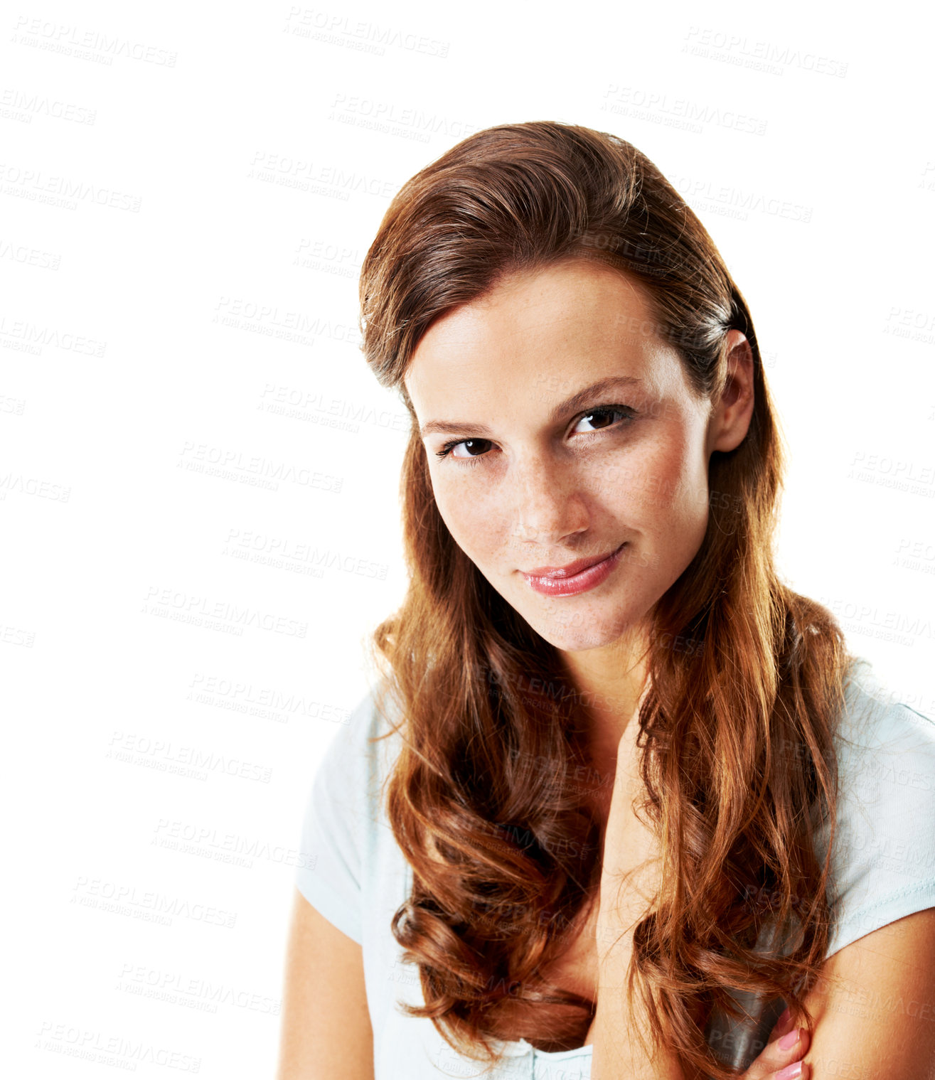 Buy stock photo Woman, smile and portrait for hair care in studio, wellness and sleek texture with hairstyle. Person, shampoo or conditioner for glow with long locks, redhead and beauty space on white background