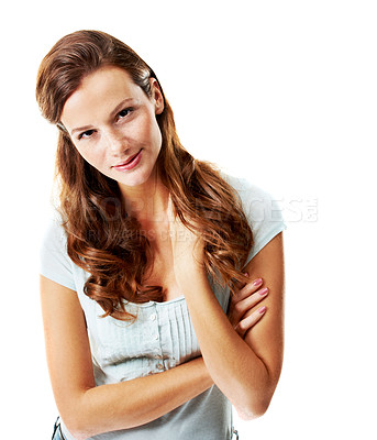 Buy stock photo Woman, portrait and hair with shine for beauty, wellness and sleek texture with hairstyle on white background. Person, shampoo or conditioner glow with long locks, redhead and haircare in studio