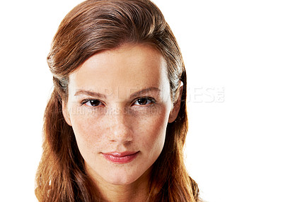 Buy stock photo Portrait, serious and woman in studio with skincare, clear skin and natural beauty with shine. Mockup space, female person and proud with cosmetics, freckles and dermatology glow on white background