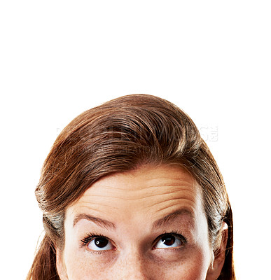 Buy stock photo Eyes, woman and thinking in studio with space, idea or solution with eyebrows raised on white background. Person, cropped and planning with brainstorming, mockup and vision with question or mindset