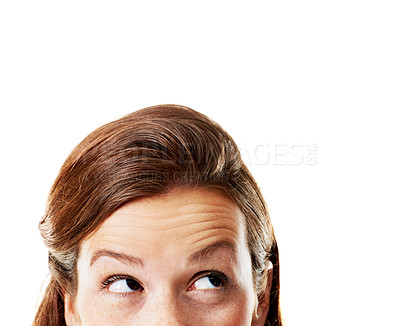 Buy stock photo Eyes, woman and white background with thinking for idea, space or solution with eyebrows raised. Person, cropped and planning with brainstorming in studio, pensive or vision with question or mindset