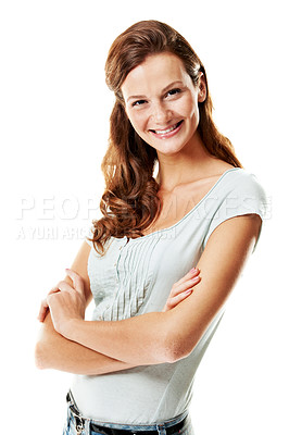 Buy stock photo Pride, portrait and happy woman with arms crossed, positive attitude or wellness with optimism. Wellbeing, smile or female person with good mood, confidence and satisfaction on studio background.