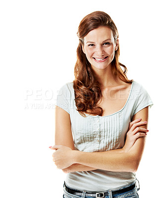 Buy stock photo Wellbeing, portrait and happy woman with arms crossed, positive attitude or wellness with optimism. Upbeat, smile or female person with good mood, confidence and satisfaction on studio background.