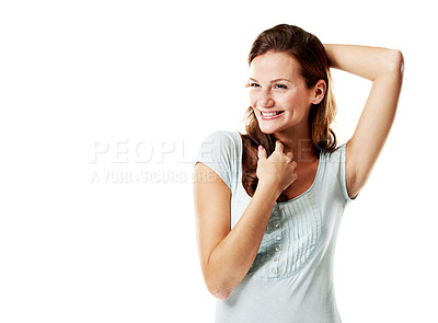 Buy stock photo Happy, woman and thinking in studio by space for reflection, vision and positive future on white background. Smile, female person or redhead in thought, wonder or daydreaming for inspiration mockup