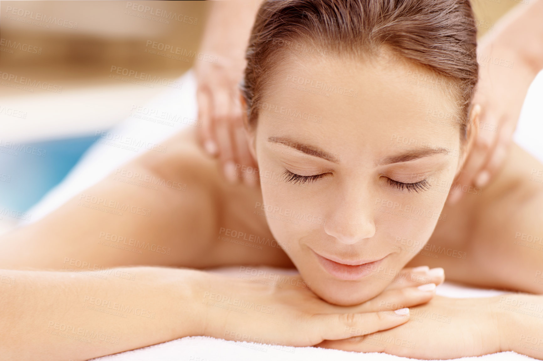 Buy stock photo Back massage, eyes closed and spa with woman at hotel for stress relief, deep tissue treatment and wellness. Holistic detox, hospitality and muscle therapy with masseuse and person at resort