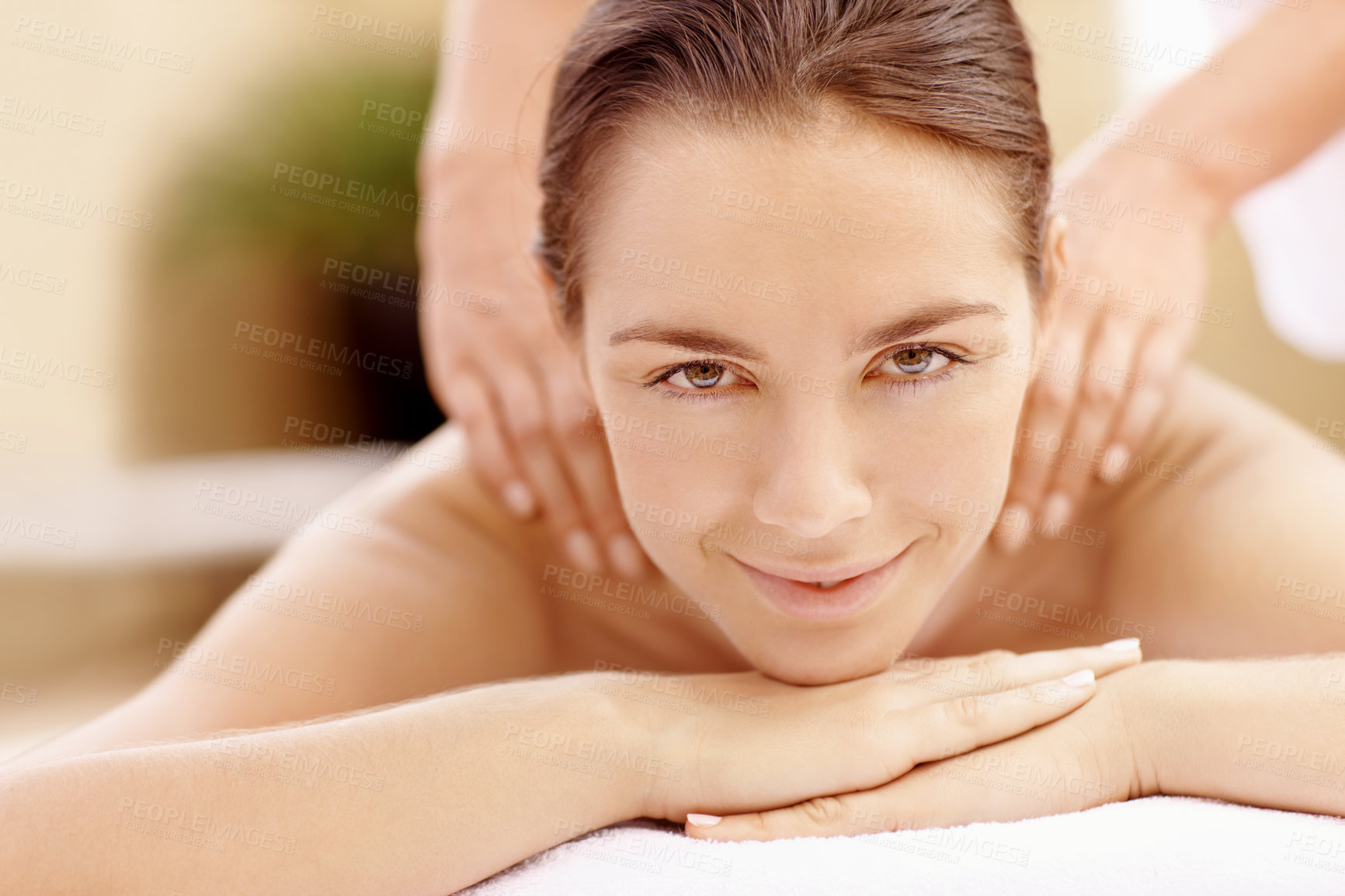Buy stock photo Back massage, portrait and spa with woman at hotel for stress relief, deep tissue treatment and skincare. Holistic detox, hospitality and muscle therapy with masseuse and person at resort for pamper