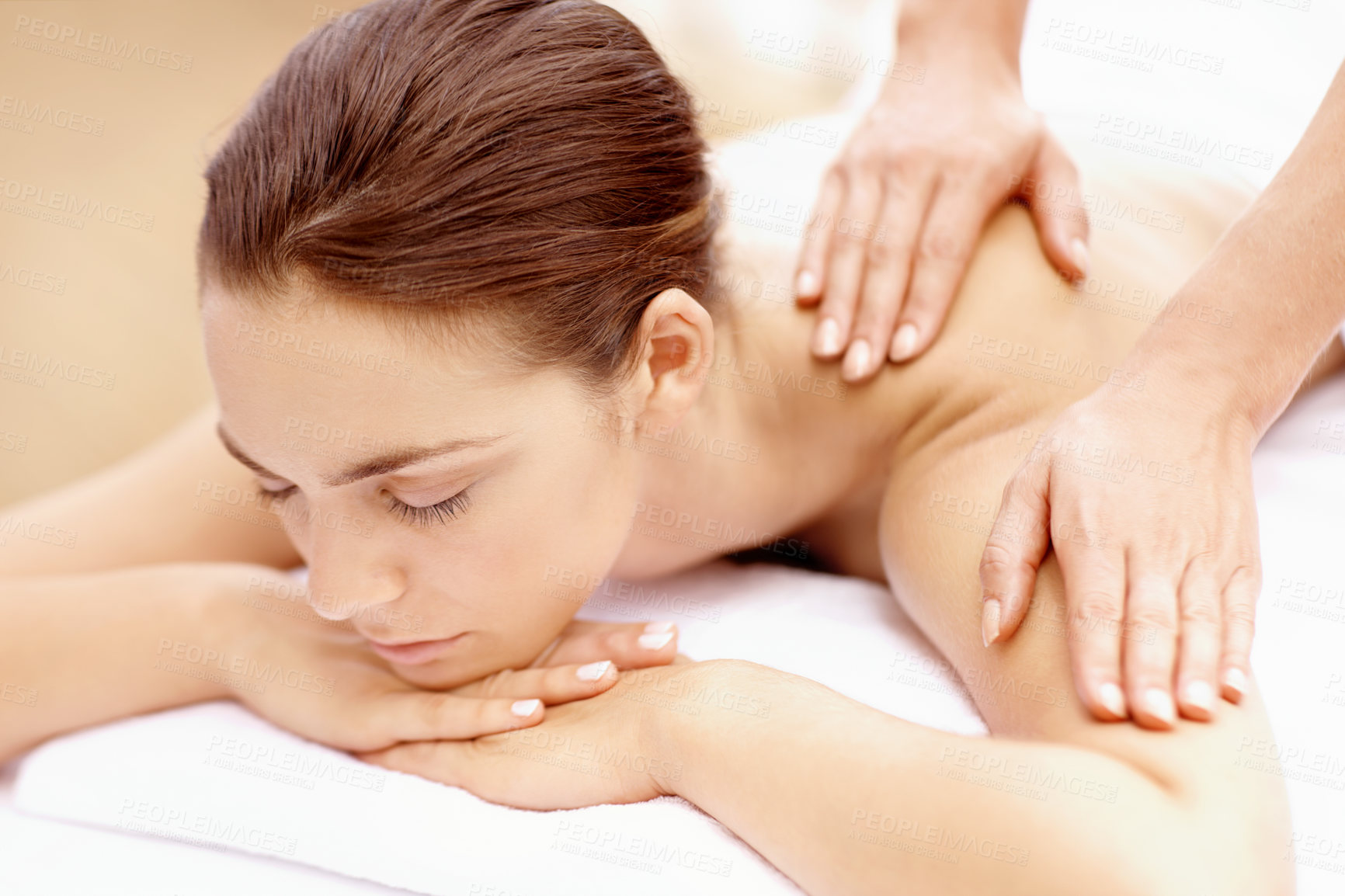 Buy stock photo Girl, hands and back massage with relax at spa for muscle tension, luxury treatment and body pamper. Wellness, masseuse and apply shoulder pressure on client for pain relief, zen and healing therapy