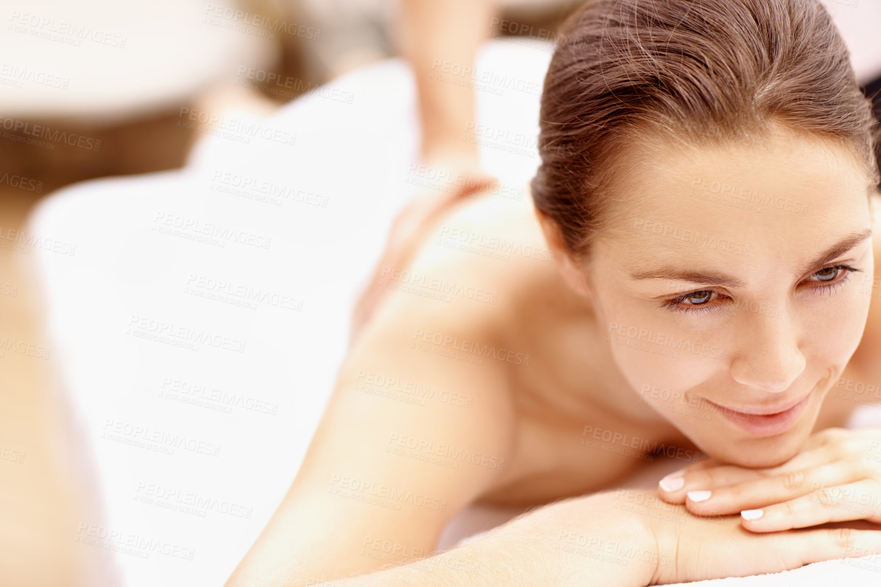 Buy stock photo Back massage, smile and spa with woman at hotel for stress relief, deep tissue treatment and skincare. Holistic detox, hospitality and muscle therapy with masseuse and person at resort for pamper