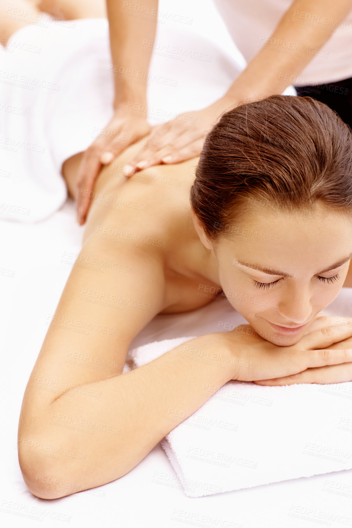 Buy stock photo Zen, girl and calm with back massage at spa for muscle tension, luxury treatment or deep tissue. Client, beauty therapist and body pamper at wellness resort for healing therapy, relax or pain relief