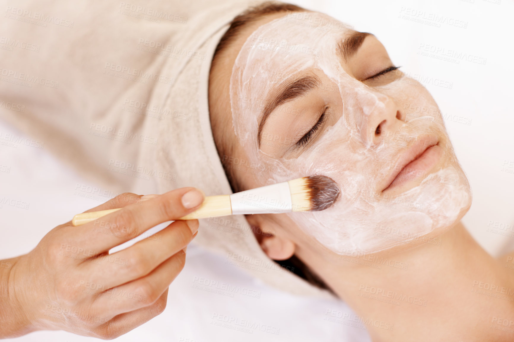 Buy stock photo Esthetician, facial and brush with woman in spa for pore detox, skincare and deep cleaning cosmetics. Clay treatment, beauty glow and face mask with person and hands in salon for purifying minerals