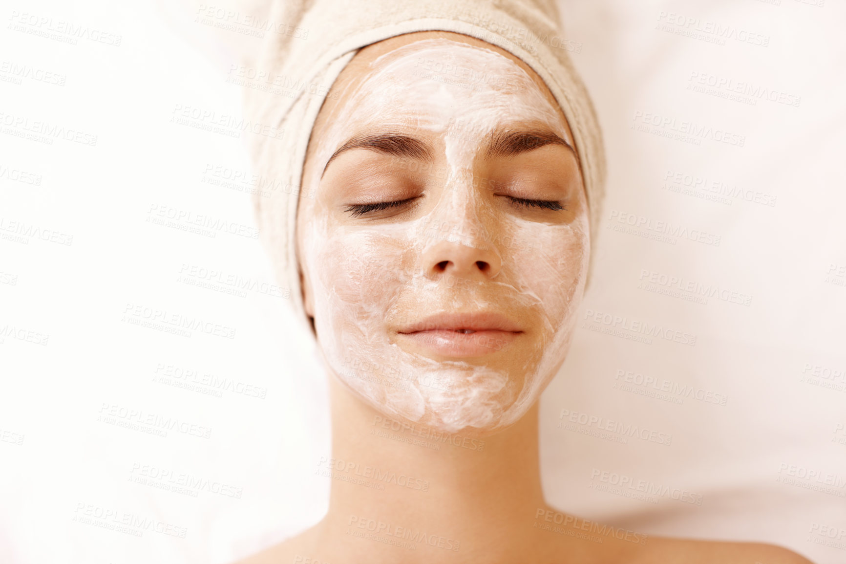 Buy stock photo Beauty, face mask and relax with woman in spa for pore detox, skincare or deep cleaning cosmetics. Clay treatment, glow and facial with above of person in salon for purifying minerals, pamper or calm