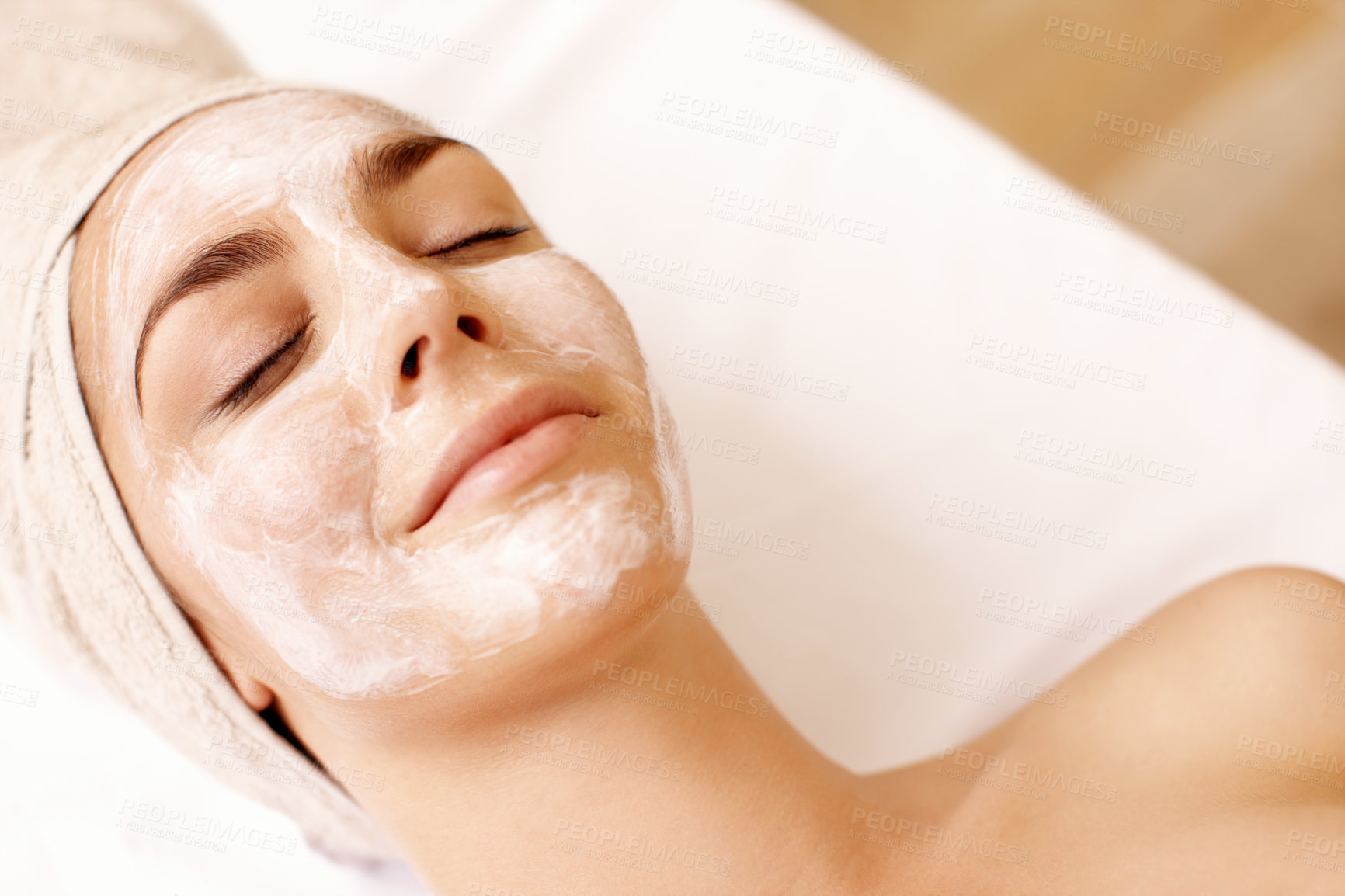 Buy stock photo Beauty, facial and smile with woman in spa for pore detox, skincare or deep cleaning cosmetics. Clay treatment, glow and face mask with person in salon for purifying minerals, pamper and relax