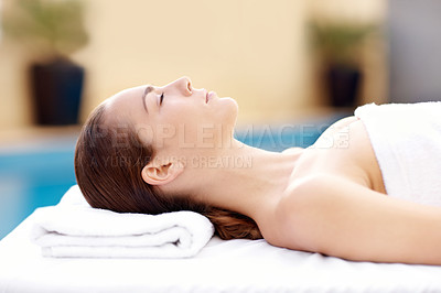 Buy stock photo Profile shot of a beautiful woman waiting for her spa treatment to begin 