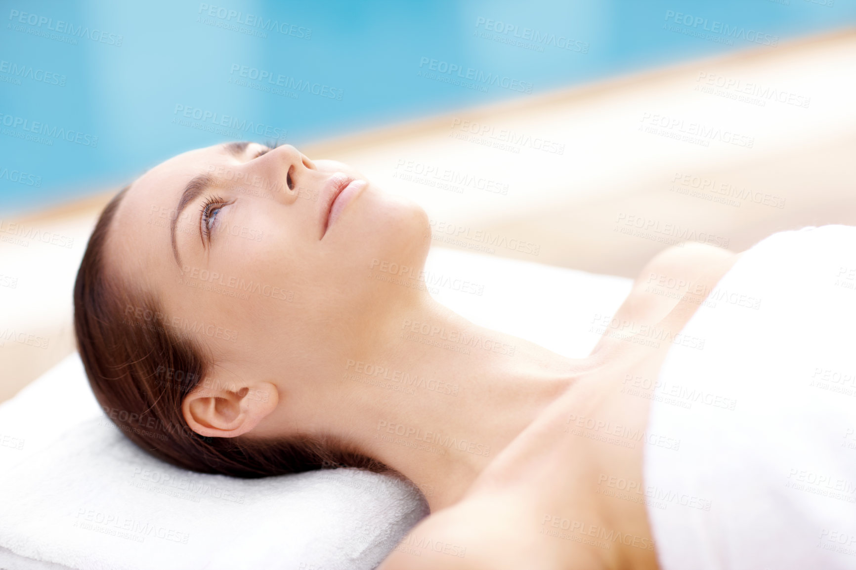 Buy stock photo Calm, spa and thinking with woman at hotel for relax, deep tissue massage and beauty treatment. Holistic detox, hospitality and healing retreat with person at resort for body care and vision