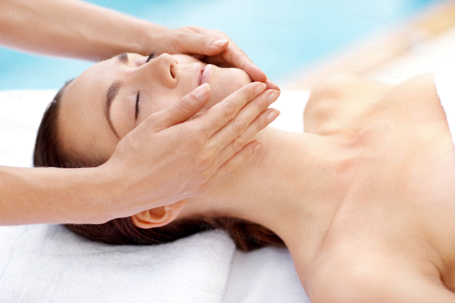 Buy stock photo Hands, massage and zen with woman in spa for detox treatment, beauty and lympathic drainage. Holistic therapy, facial circulation and esthetician with person in salon for fluid flush and skincare