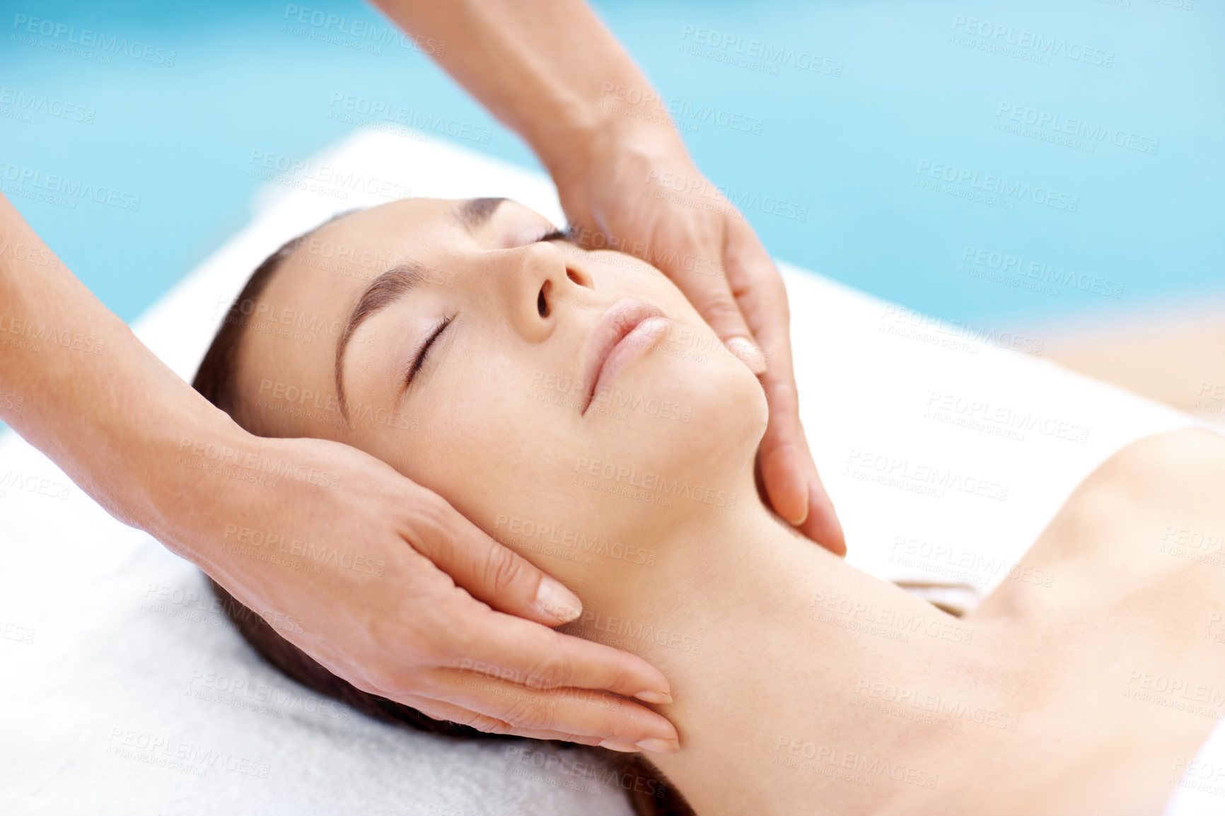 Buy stock photo Hands, massage and calm with woman in spa for detox treatment, beauty and lympathic drainage. Holistic therapy, facial circulation and esthetician with person in salon for fluid flush and skincare