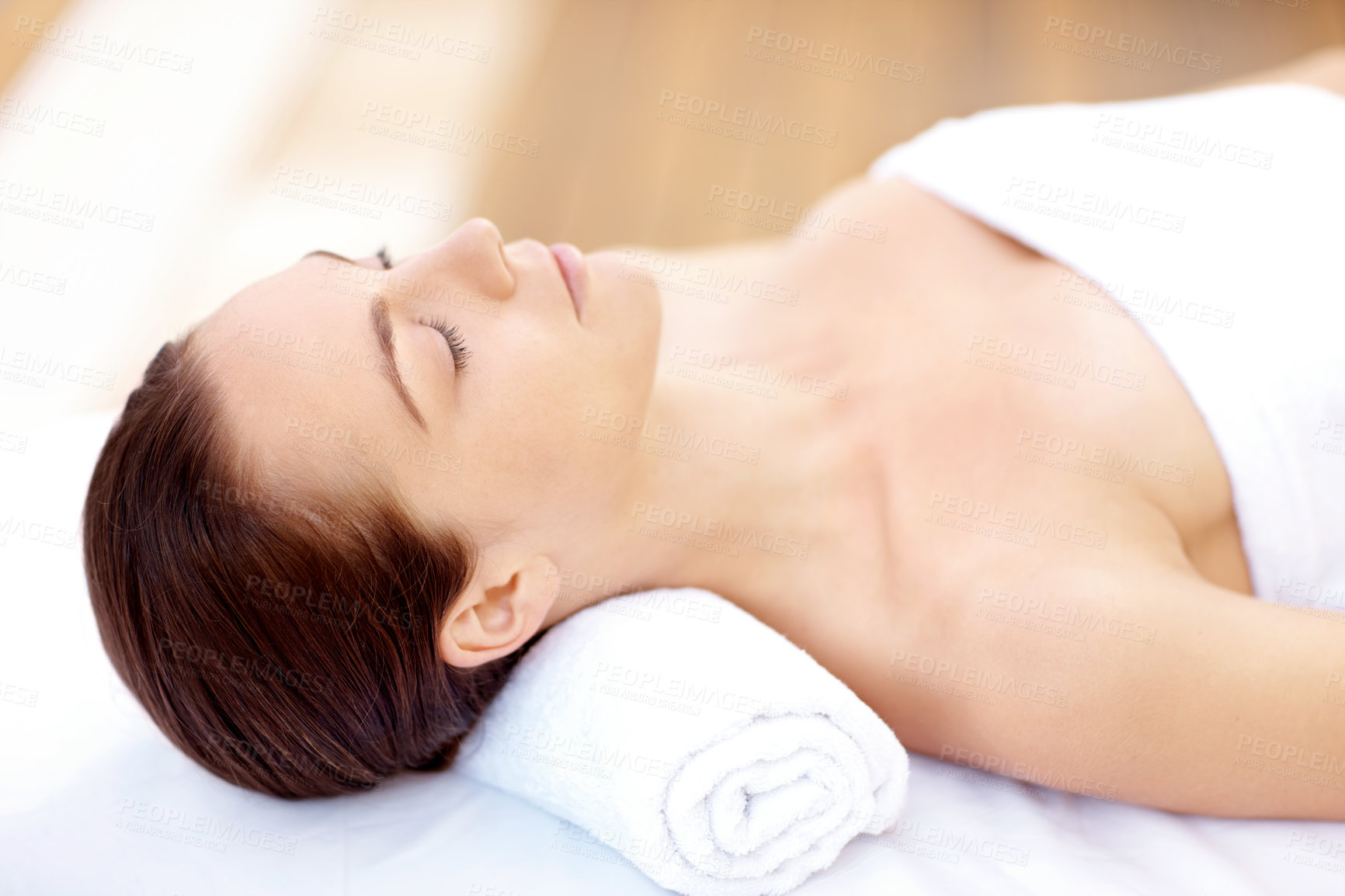 Buy stock photo Peace, spa and wellness with woman at hotel for zen, deep tissue massage or beauty treatment. Holistic detox, hospitality and healing retreat with person at resort for body care, relax or eyes closed
