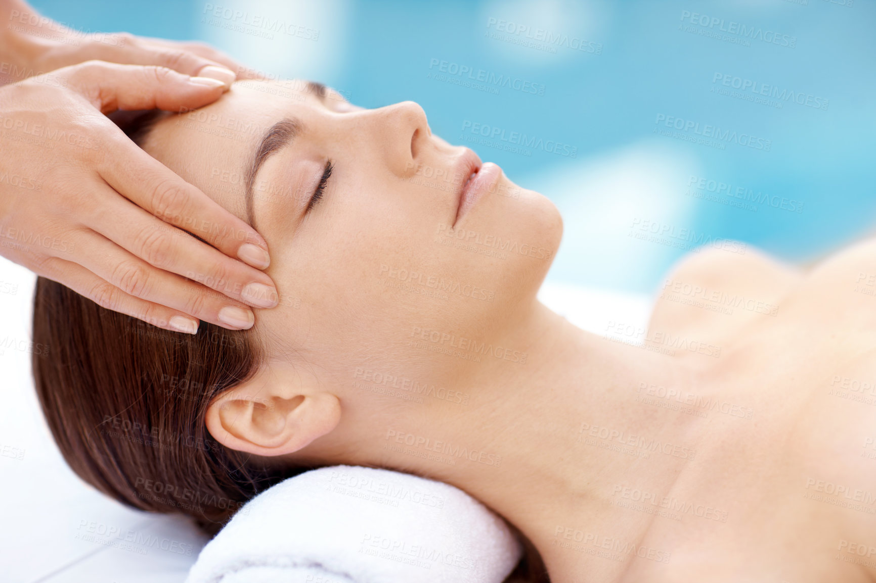 Buy stock photo Relax, woman and head massage at spa for migraine relief, luxury pamper and holistic treatment. Zen, client and beauty therapist with forehead rub for tension release, self care or wellness at resort