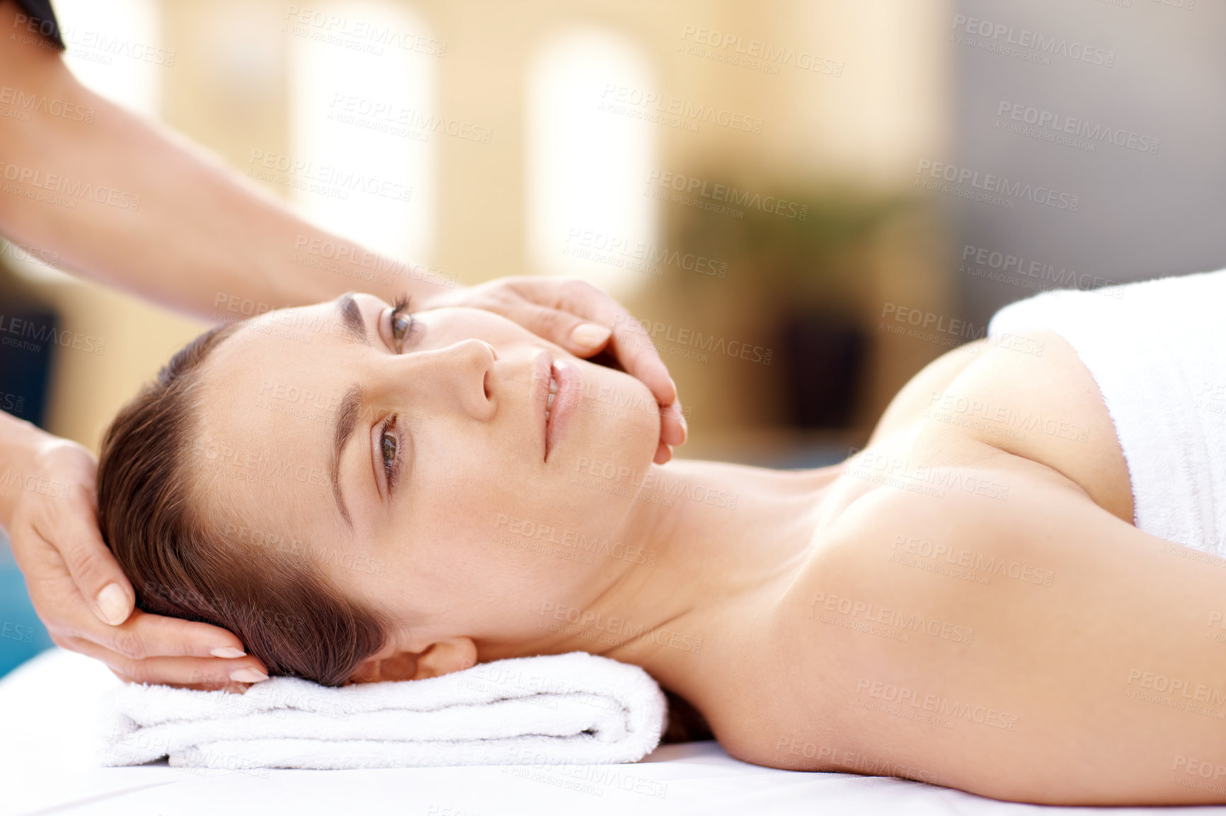 Buy stock photo Hands, massage and thinking with woman in spa for detox treatment, beauty or lympathic drainage. Holistic therapy, facial circulation and esthetician with person in salon for fluid flush and vision