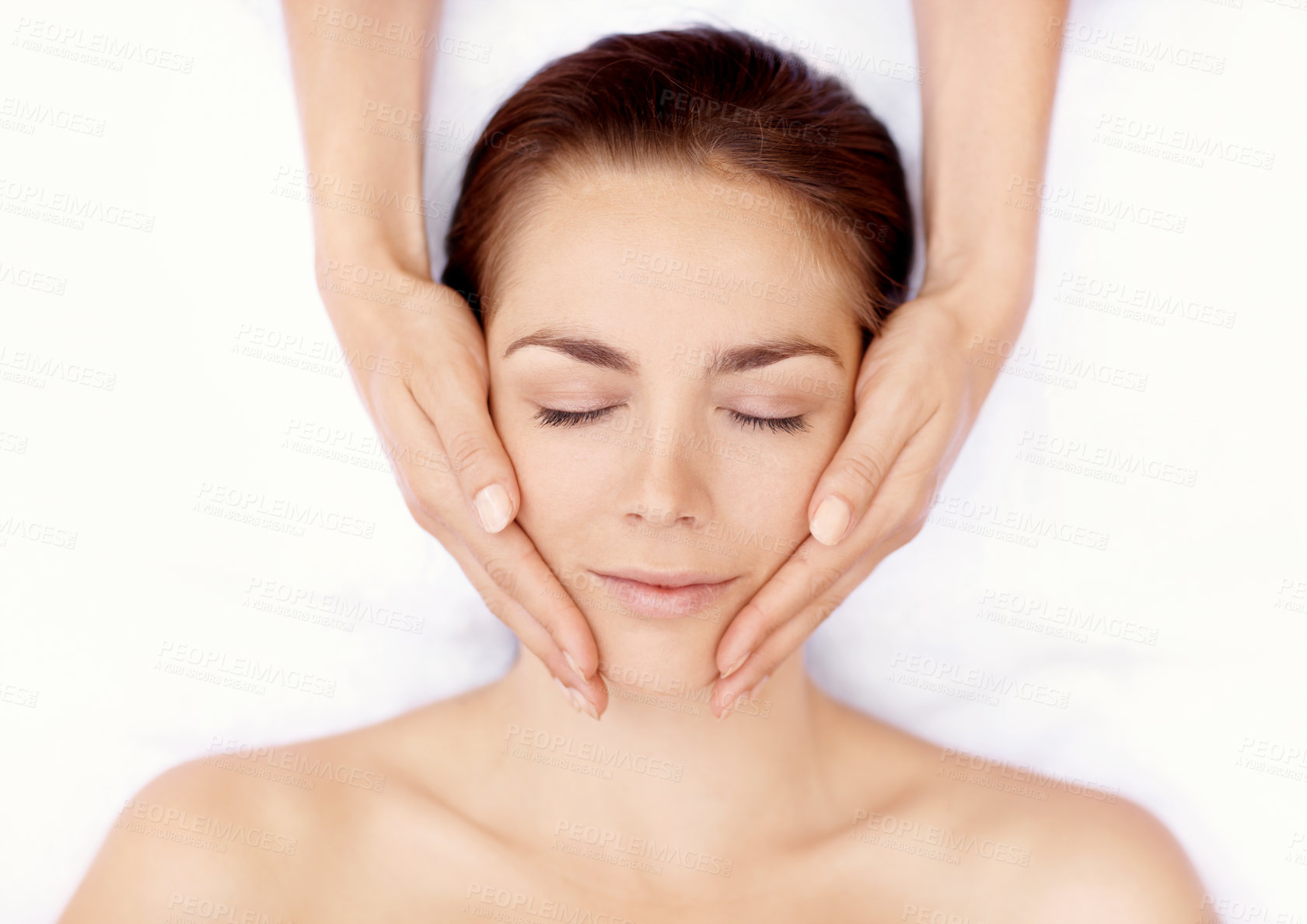 Buy stock photo Hands, massage and eyes closed with woman in spa for detox treatment, beauty and lympathic drainage. Holistic therapy, facial circulation and esthetician with above of person in salon for fluid flush
