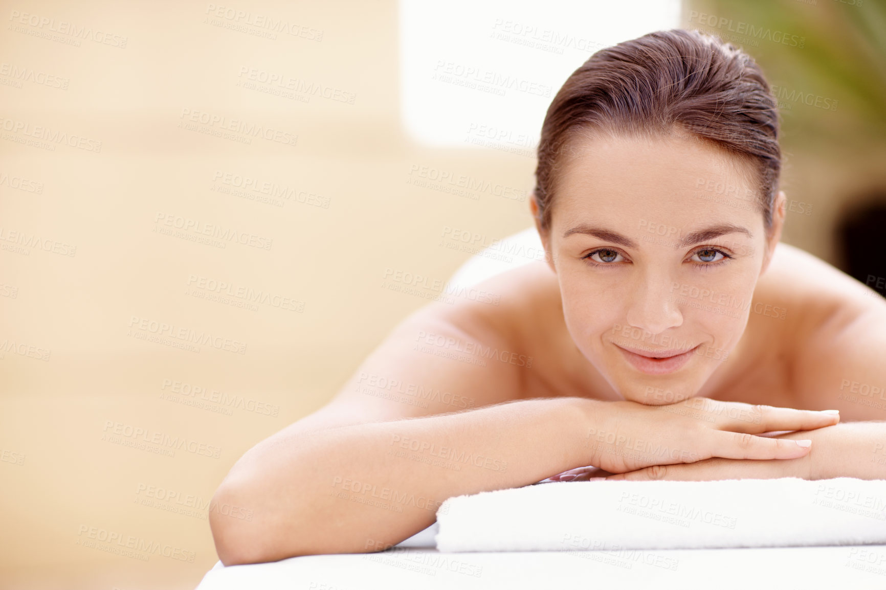 Buy stock photo Smile, spa and portrait with woman at hotel for calm, wellness and beauty treatment. Holistic detox, hospitality and healing retreat with person at resort for body care, relax and skincare space