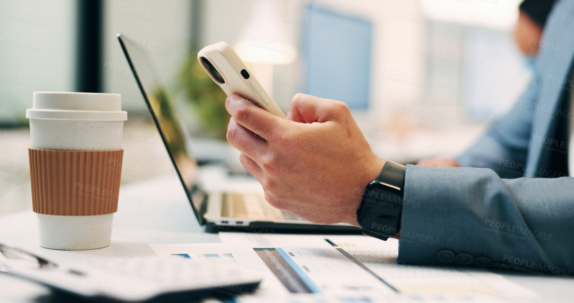 Buy stock photo Business, texting or hands in office with phone, funding request or online chat on portfolio update. Contact, man or finance consultant with laptop, investment inquiry or client email on asset status