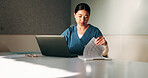 Nurse, paperwork and woman with laptop in clinic, administration and reading medical records on web. Healthcare, information and person with tech for test results, documents and research in hospital