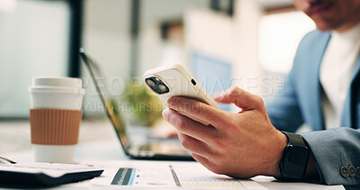 Buy stock photo Business, text or hands in agency with phone, funding request or online chat on portfolio update. Contact, man or finance consultant with tech, investment inquiry or client feedback on asset status.