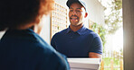 People, front door and box with delivery man for fast food, ecommerce and parcel for distribution. House, employee or courier with package for customer service, online shopping and takeout compliance