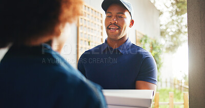 Buy stock photo People, front door and box with delivery man for fast food, ecommerce and parcel for distribution. House, employee or courier with package for customer service, online shopping and takeout compliance