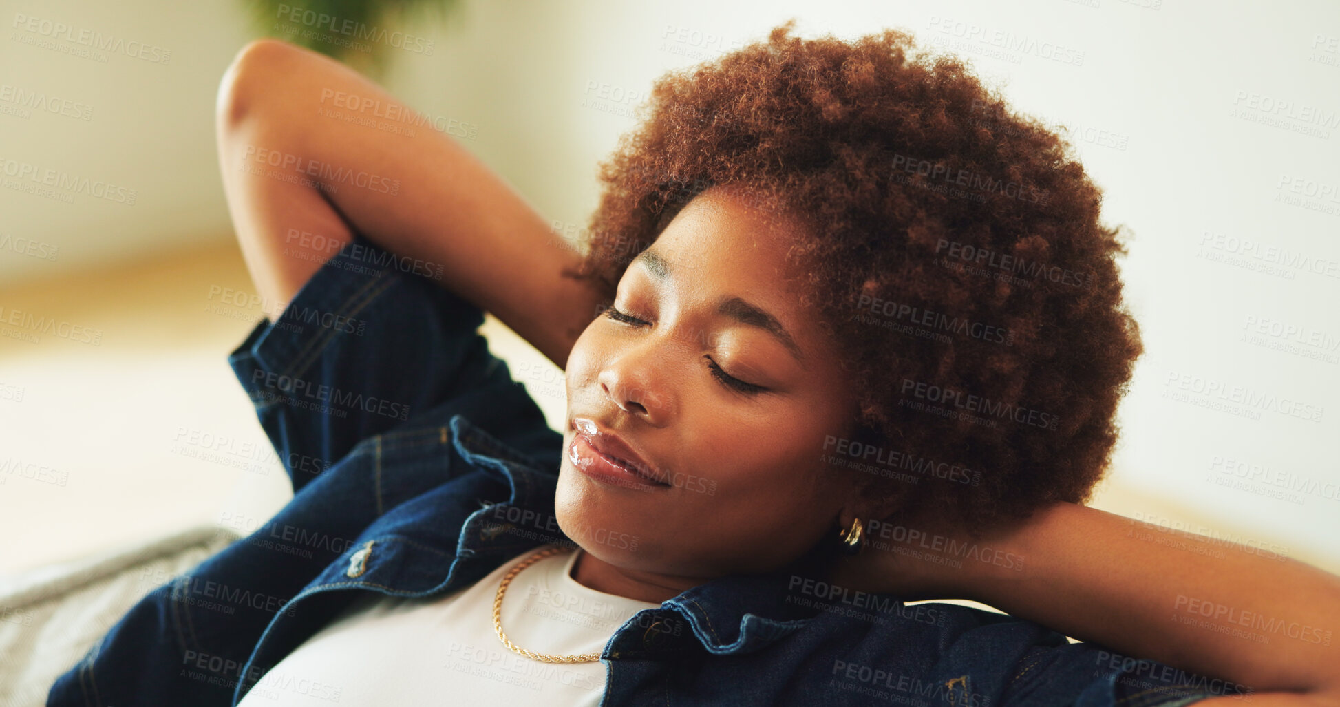 Buy stock photo Black woman, stretching and sleep on sofa with peace, calm and chill with wellness on weekend break. Rest, nap and tired person in living room for self care, stress free or relax with comfort at home