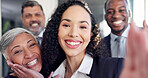 Selfie, smile and portrait of business people in office with team building, support or diversity. Happy, group and corporate employees with photography picture for company about us in workplace.