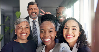 Buy stock photo Selfie, happy and portrait of business people in office with team building, support or diversity. Smile, group and corporate employees with photography picture for company about us in workplace.
