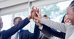 High five, team building and business people with success, excited and celebration with synergy. Employees, hands together and collaboration with mission achievement, cooperation and company target