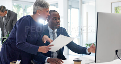 Buy stock photo Computer, research and discussion with mentor in office, teamwork and risk management with paperwork. Corporate, business meeting and people with tech, credit underwriter and advice for assignment